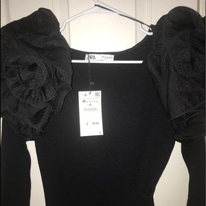 ZARA Limited Edition Black Dramatic Tulle Sleeve Floral Wrap Sweater Top